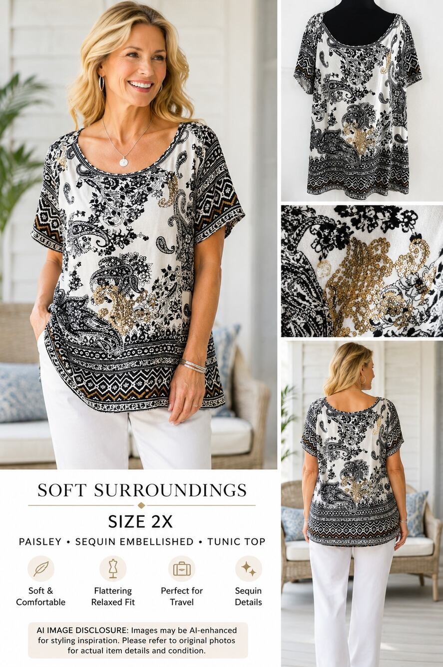 Soft Surroundings Top Womens 2X Black White Paisley Sequin Tunic Boho Plus Size
